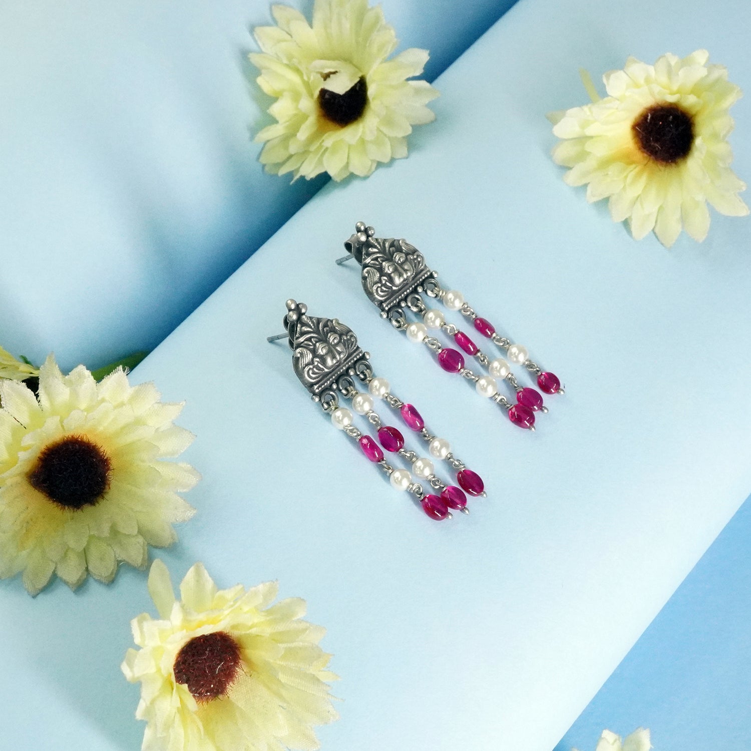 Silver Pearl Drop Earrings With Pota Beads