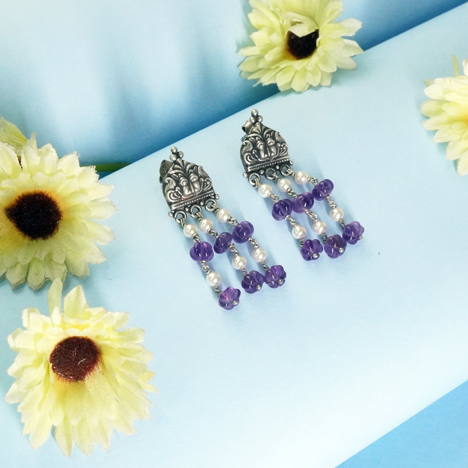 Silver Pearl Drop Earrings With Amethyst Strawberry Beads