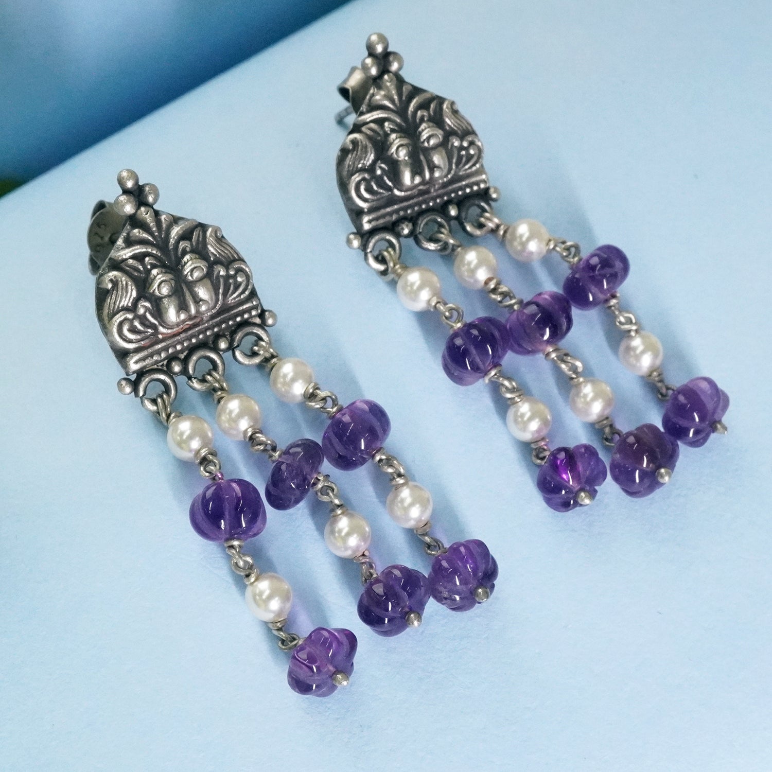 Silver Pearl Drop Earrings With Amethyst Strawberry Beads