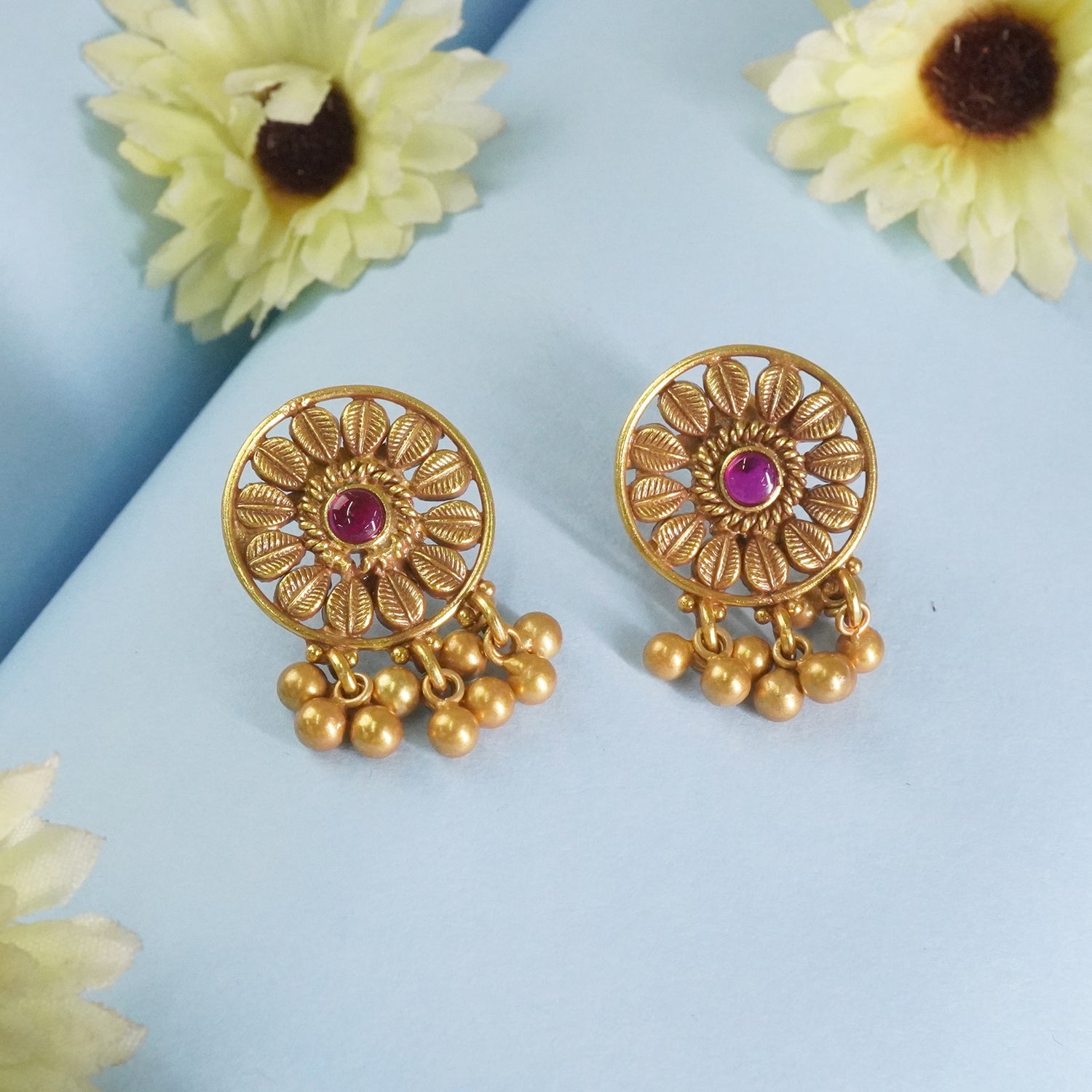Silver Gold Plated Antique Finished Flower Earrings