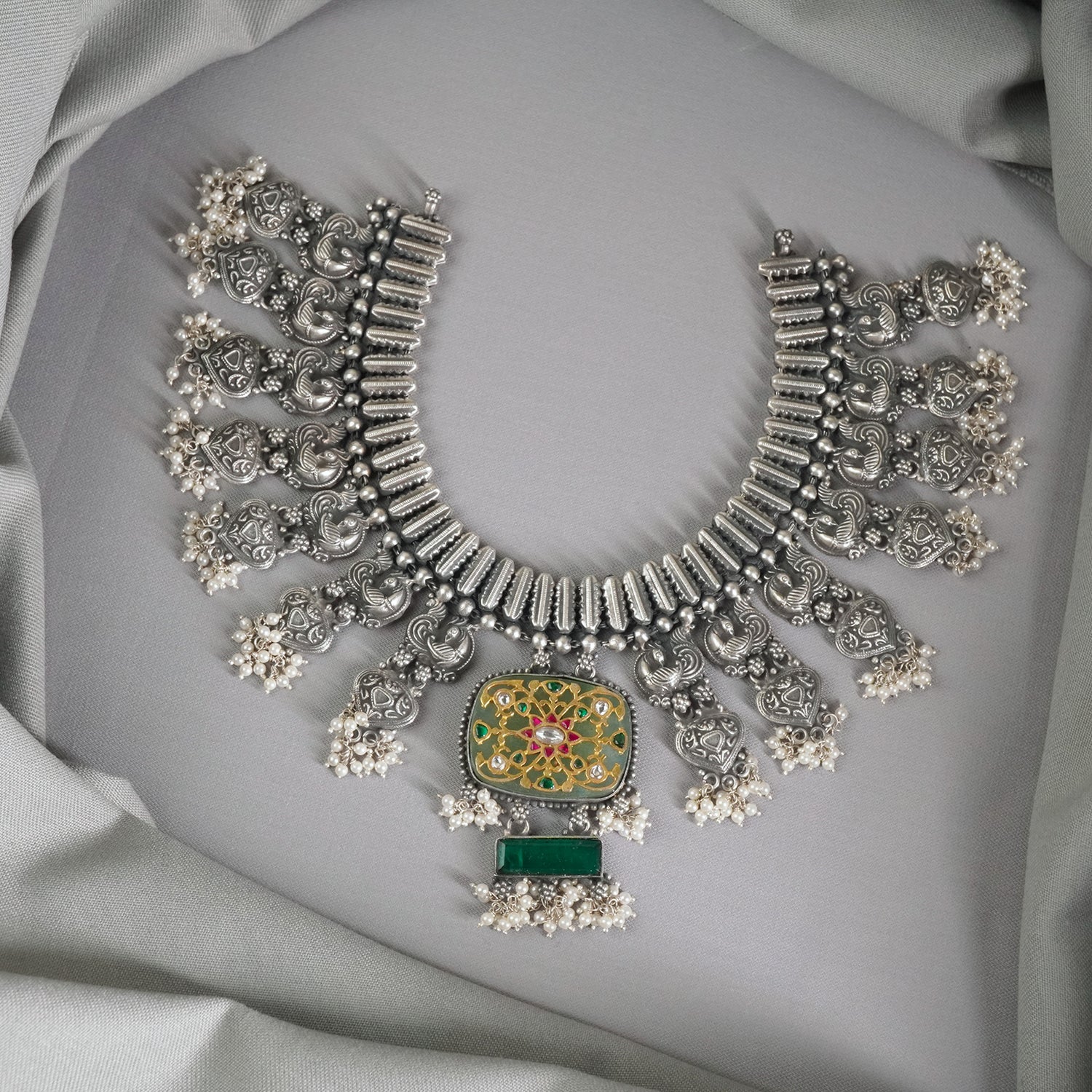 Glamorous Silver Necklace With Gold Plated Filigree Work