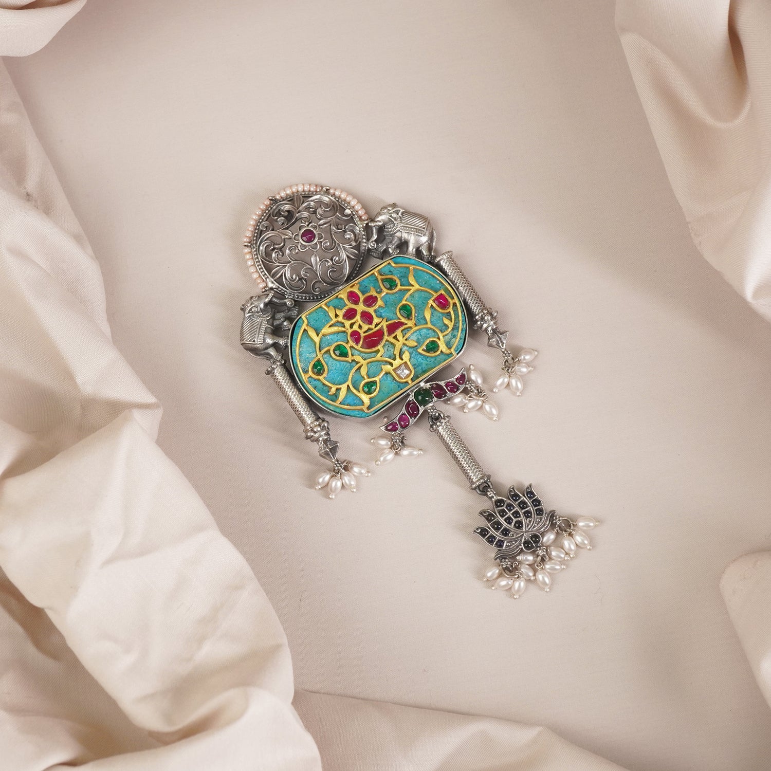 Silver Blue Kundan Carving Pendant
