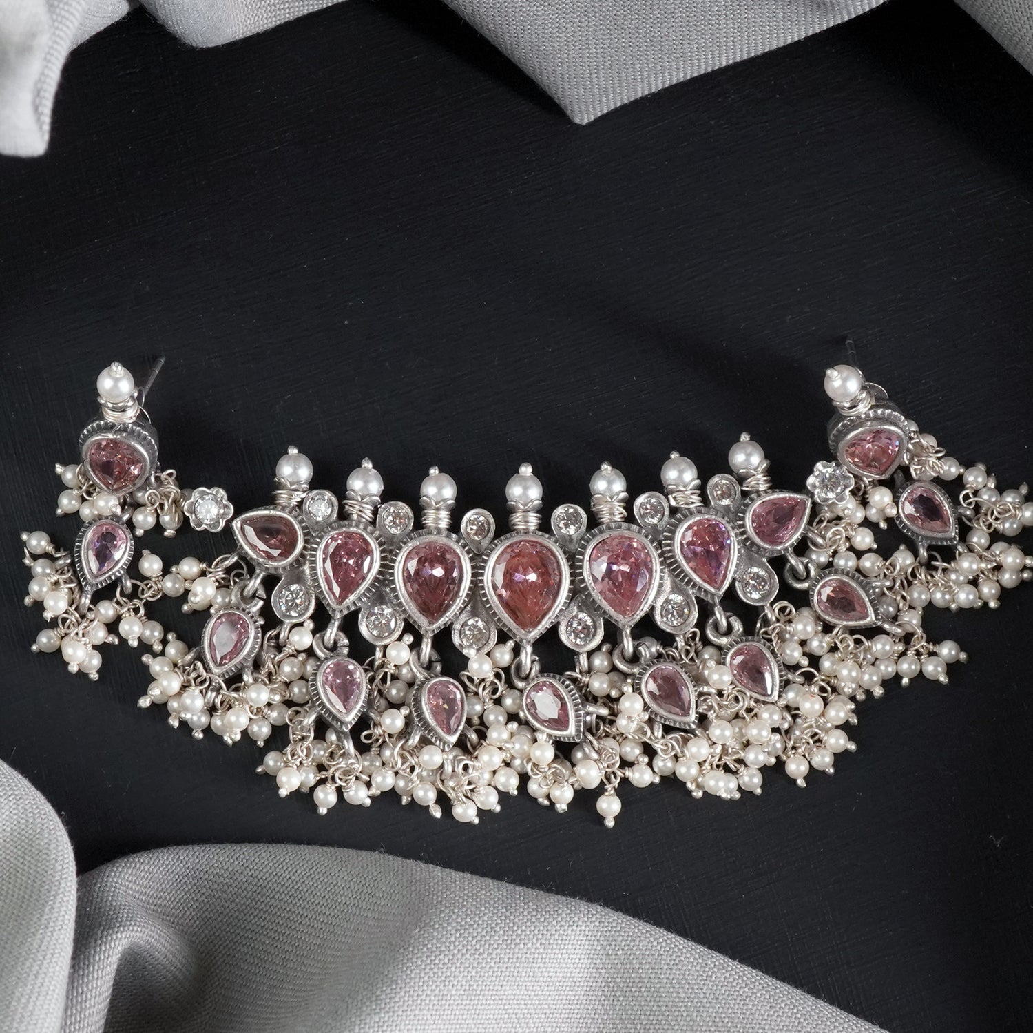 Silver Fuchsia Tanmani Pendant With Earrings