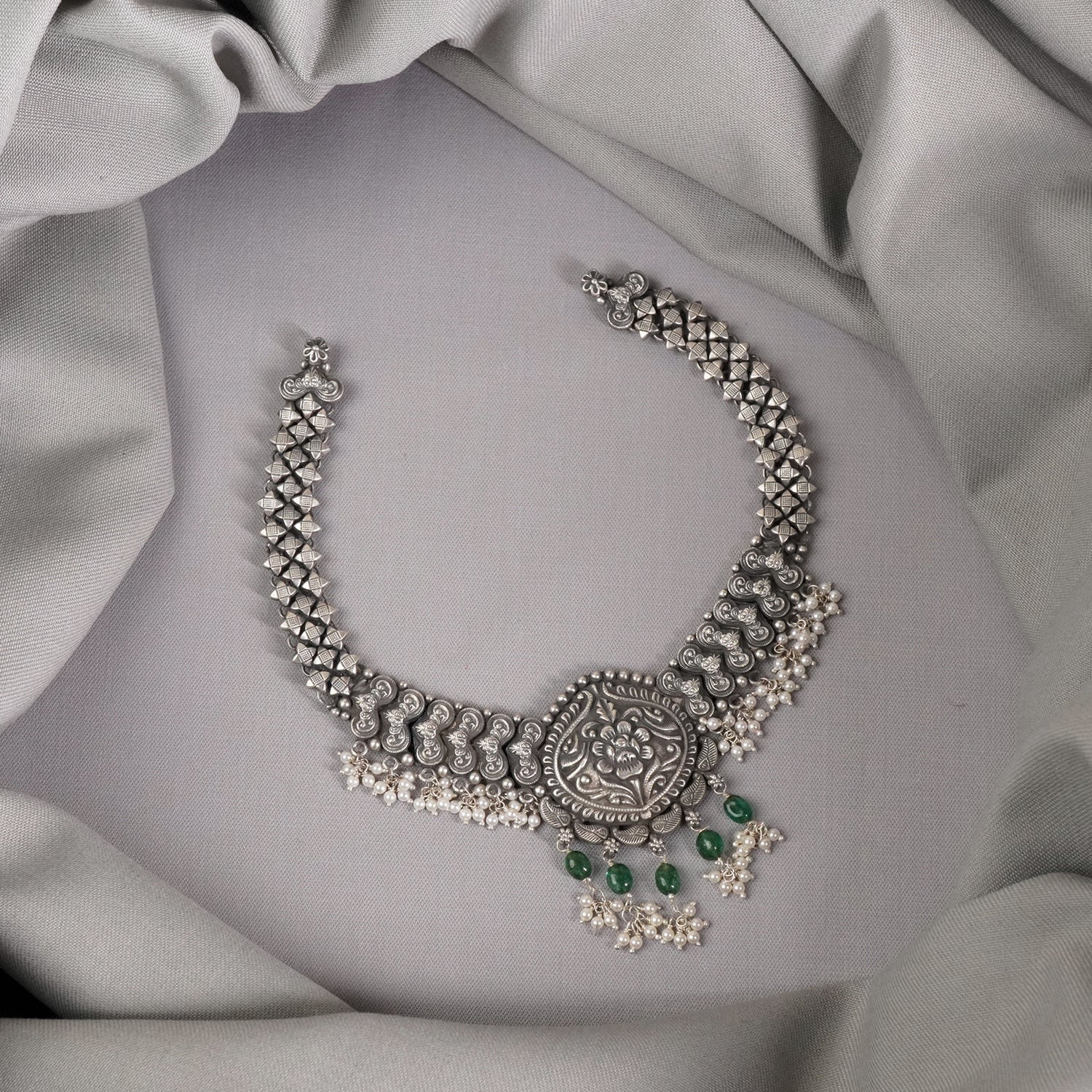 Regal Silver Necklace With FreshWater Pearls & Green Beads