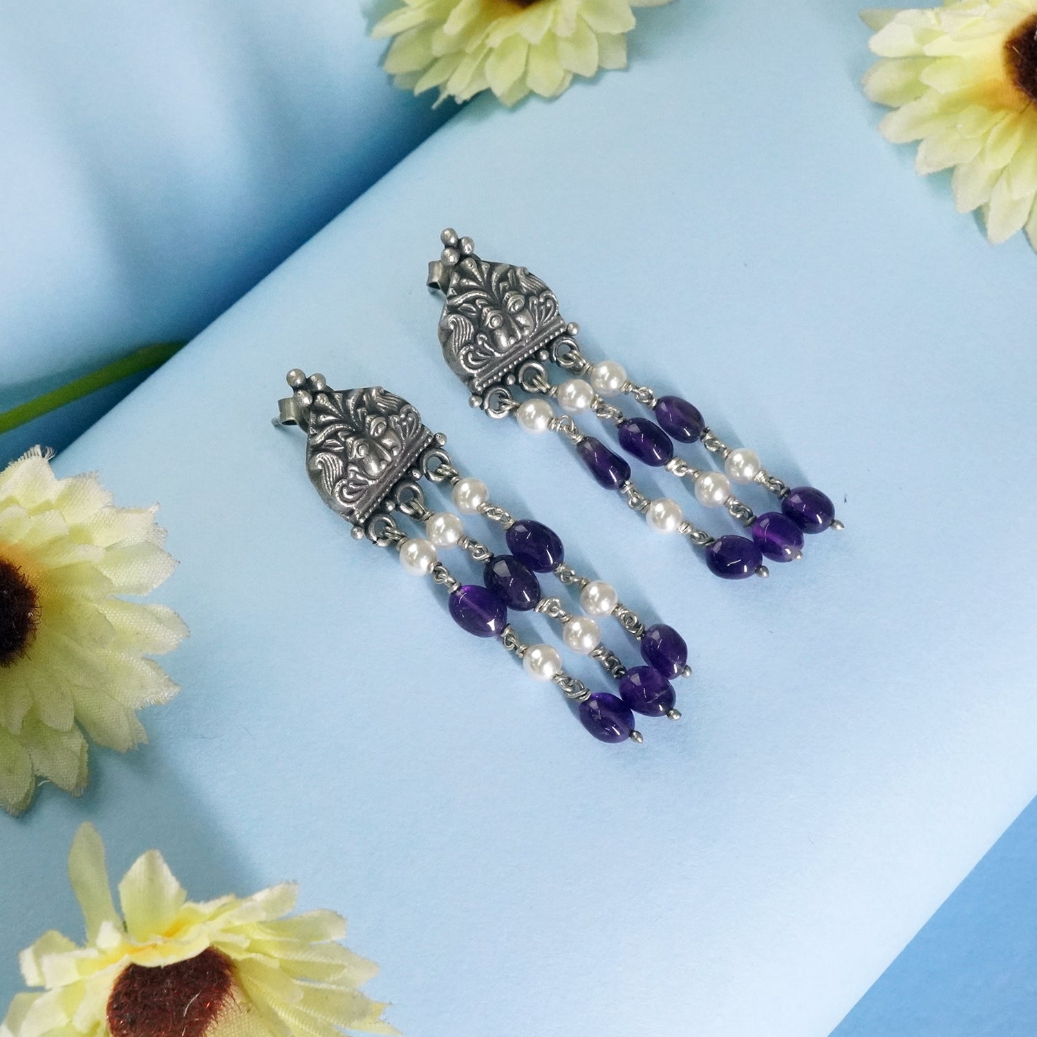 Silver Pearl Drop Earrings With Amethyst Beads