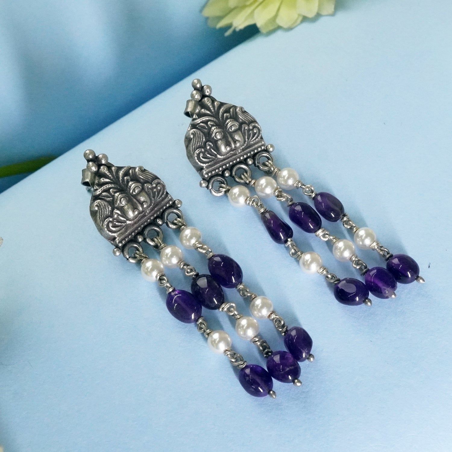 Silver Pearl Drop Earrings With Amethyst Beads