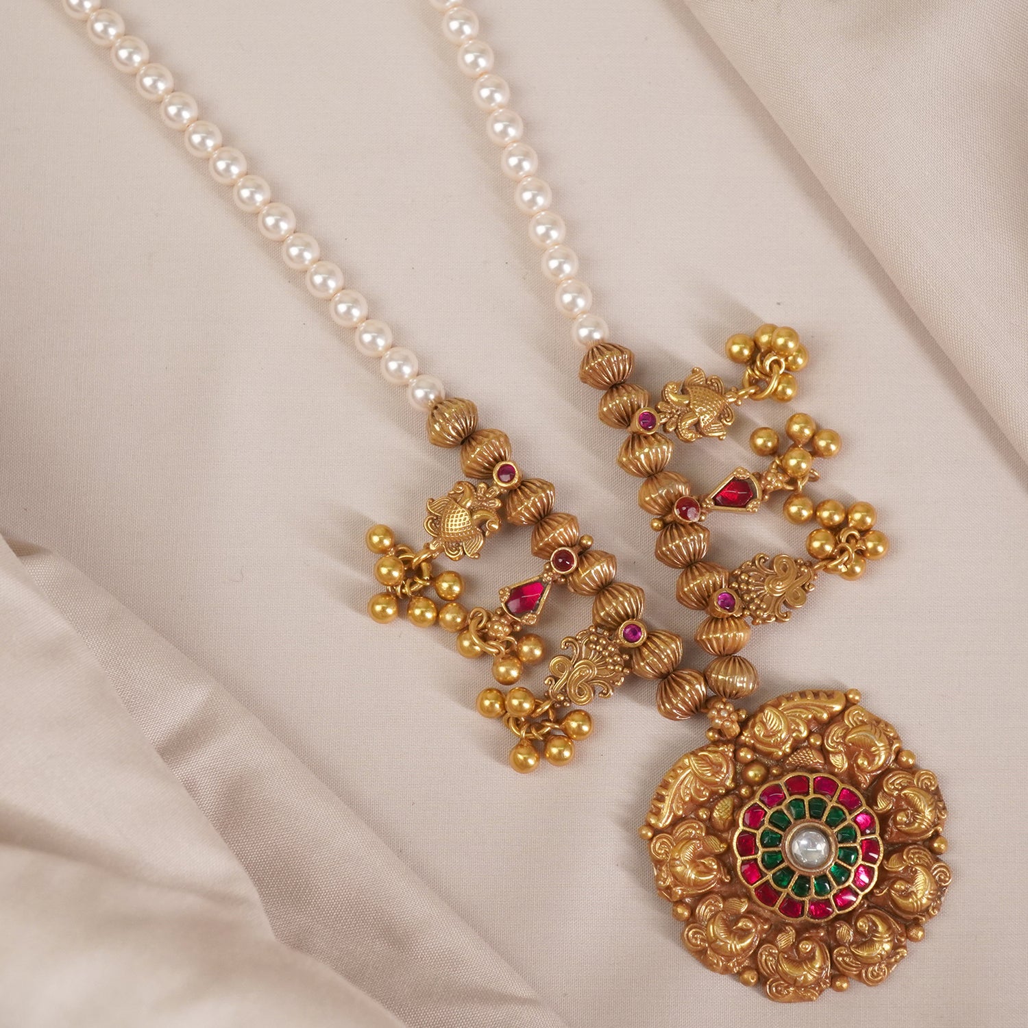 Long Moti Mala With Silver Gold Plated Pieces