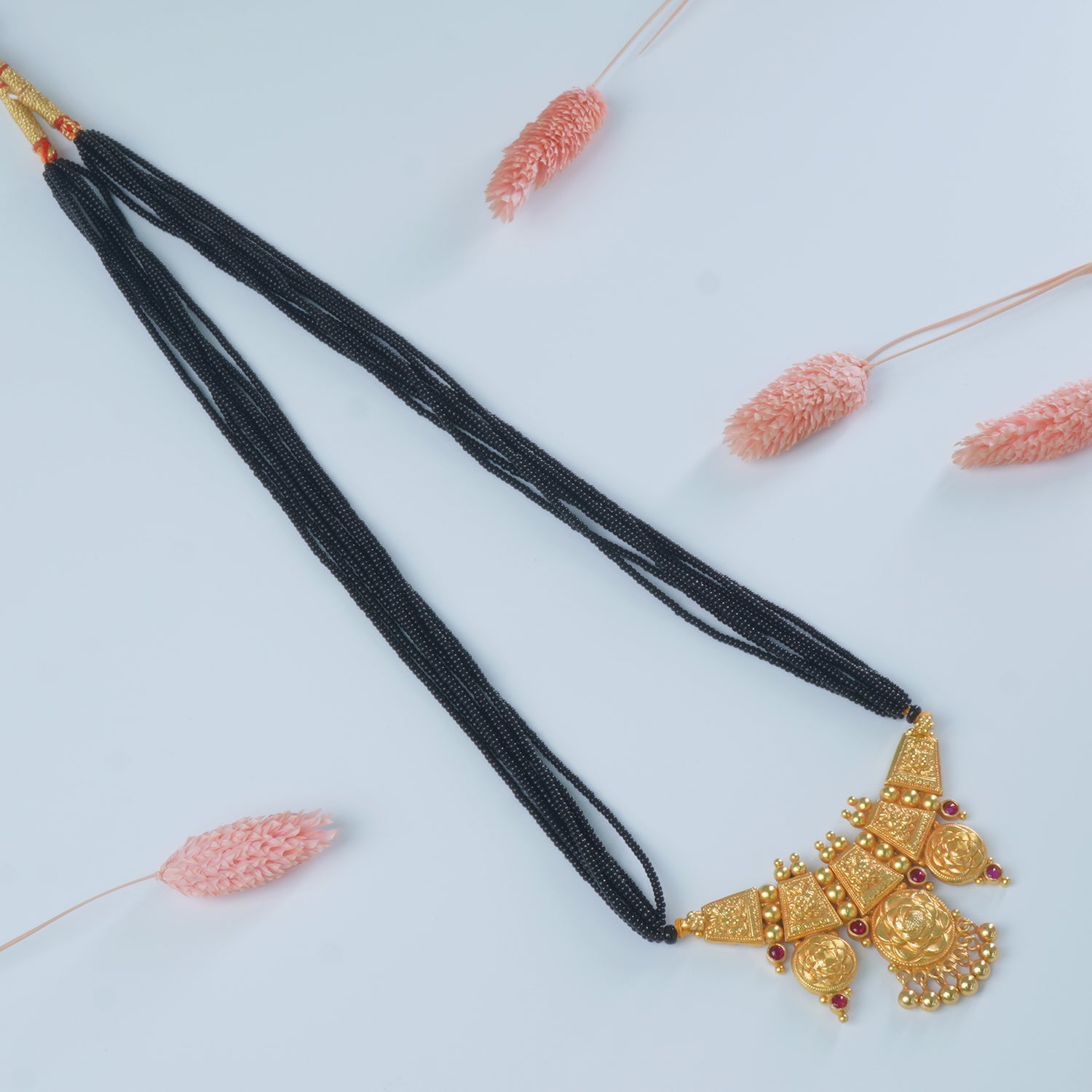 Gold Plated Gheru Finish Long Silver Suryfal-kirthumukh Mangalsutra Design