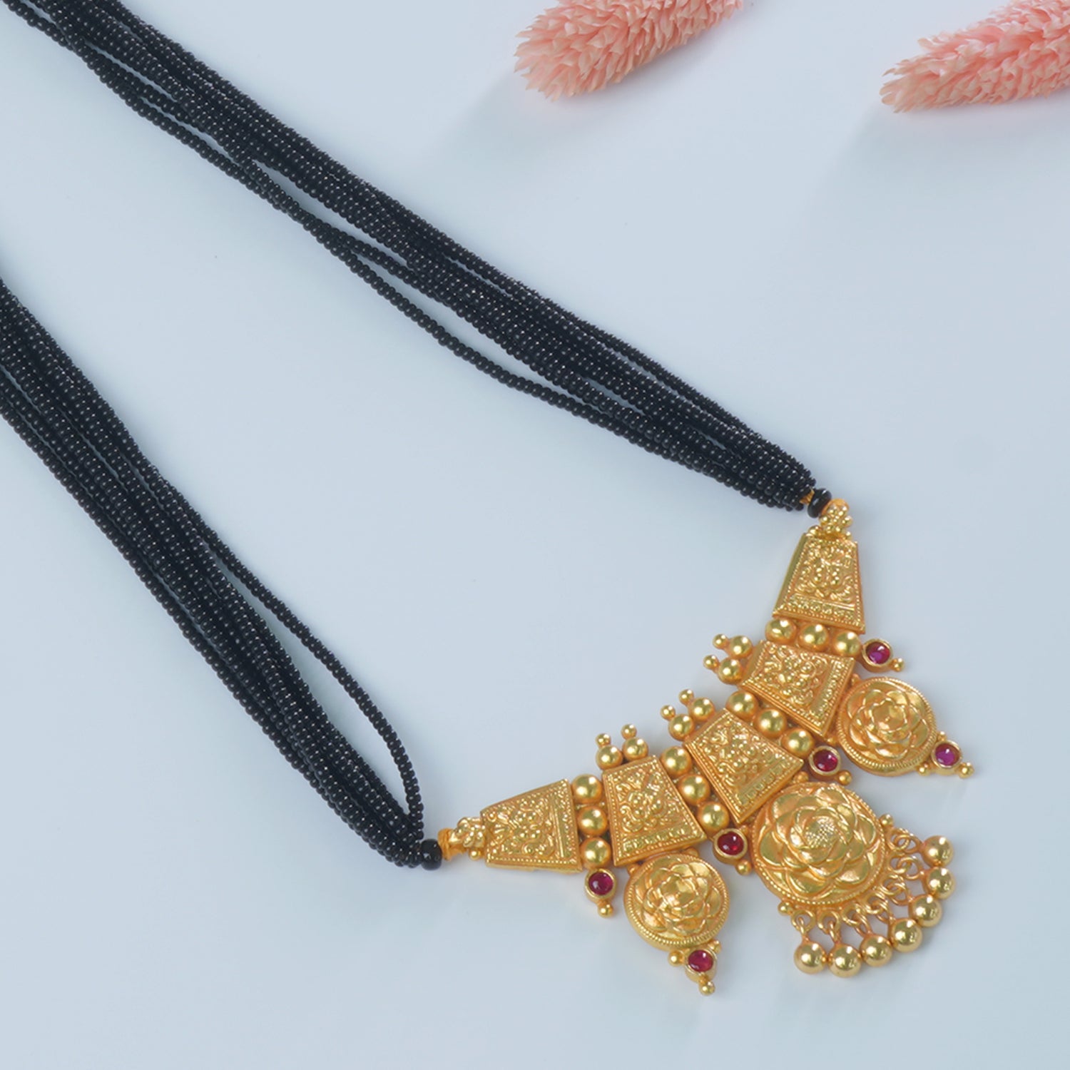 Gold Plated Gheru Finish Long Silver Suryfal-kirthumukh Mangalsutra Design