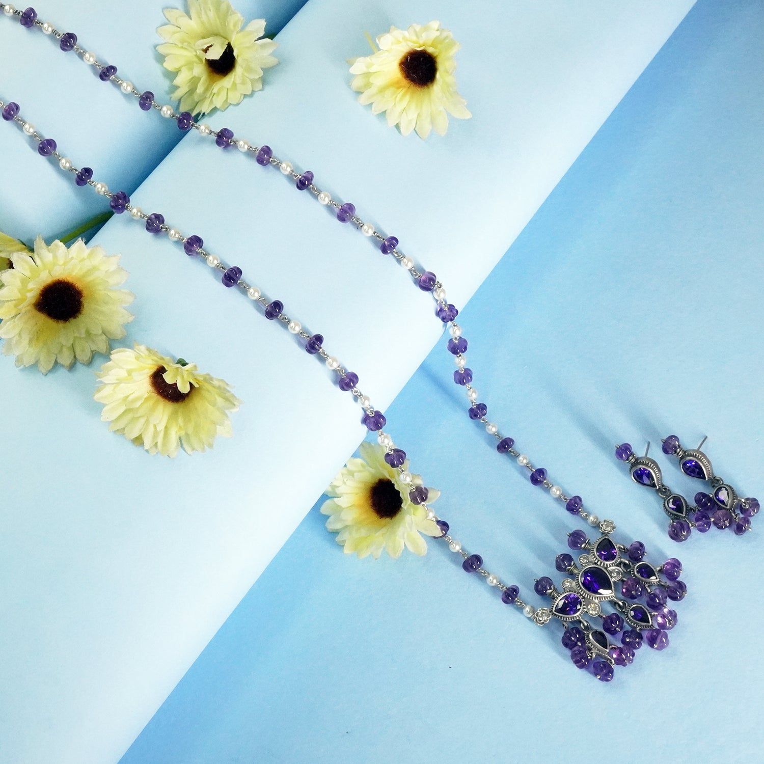 92.5 Silver Long Tanmani Necklace Amethyst With Earrings