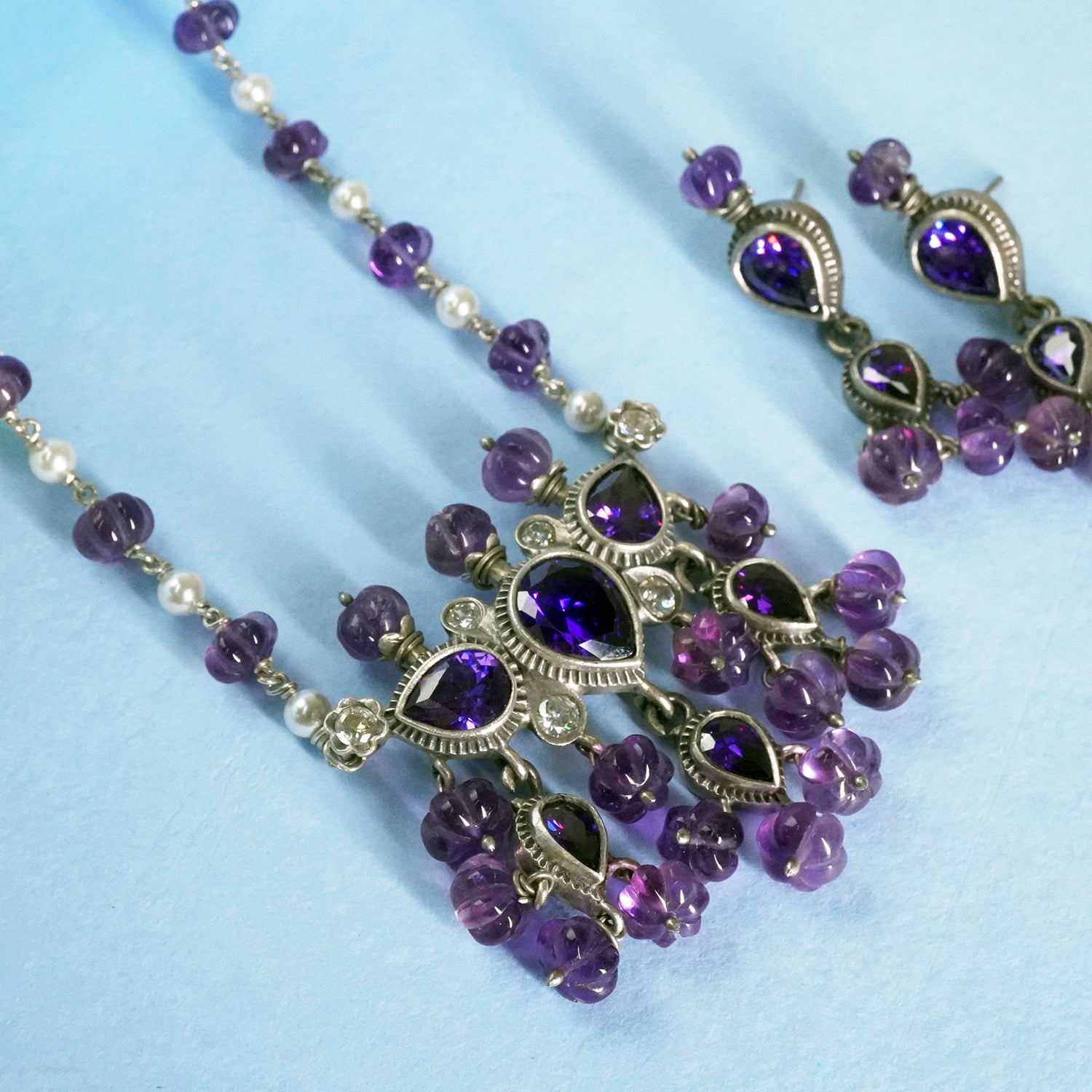 92.5 Silver Long Tanmani Necklace Amethyst With Earrings