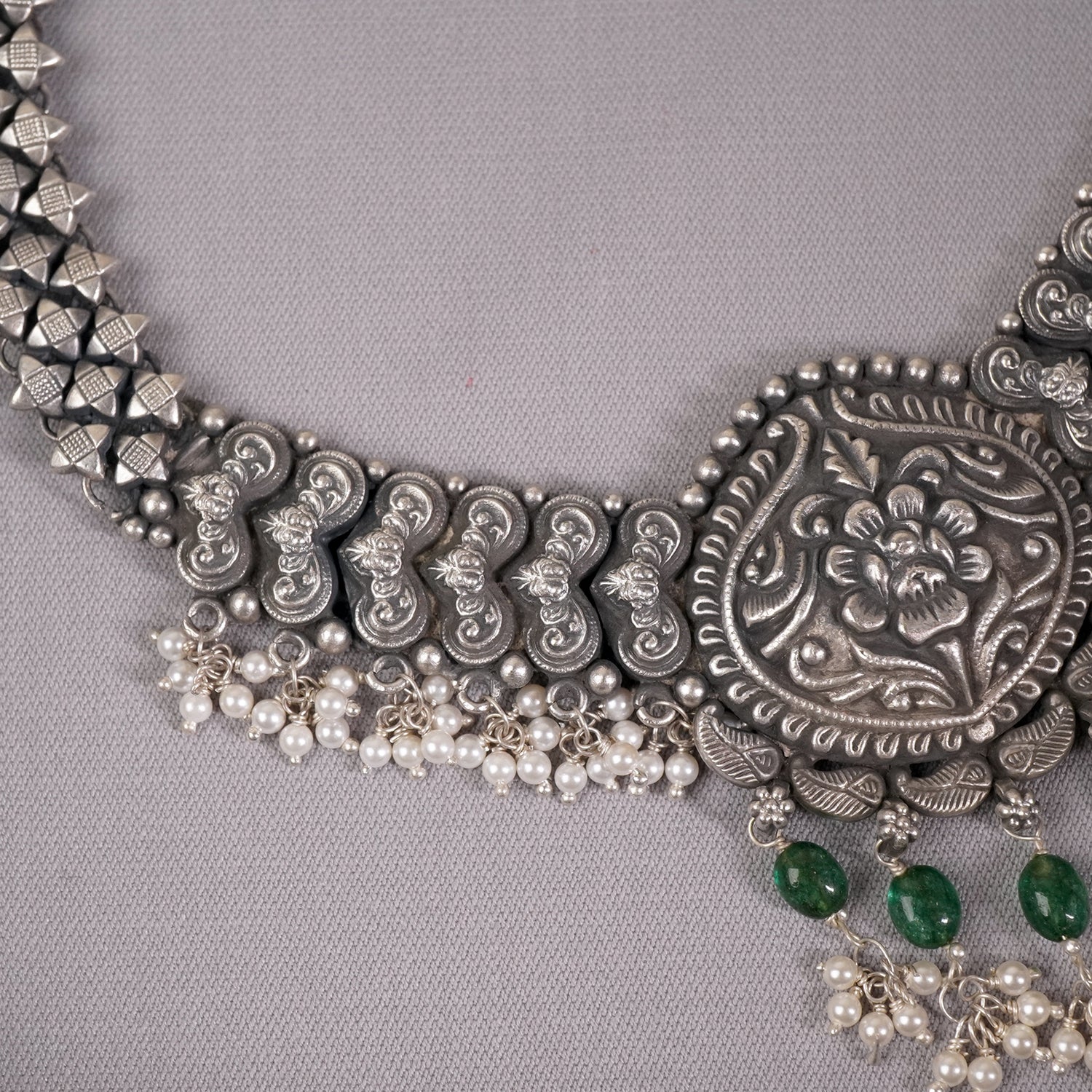 Regal Silver Necklace With FreshWater Pearls & Green Beads