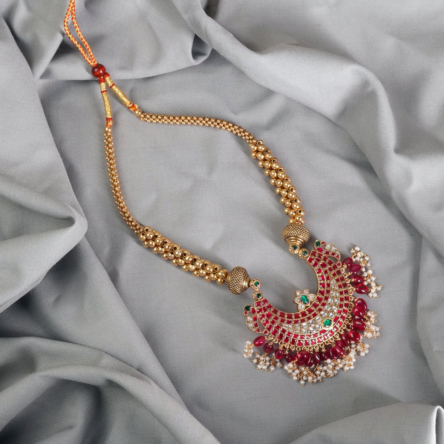 Regal Antique Gold Plated Silver Thushi With Kundan Pendant