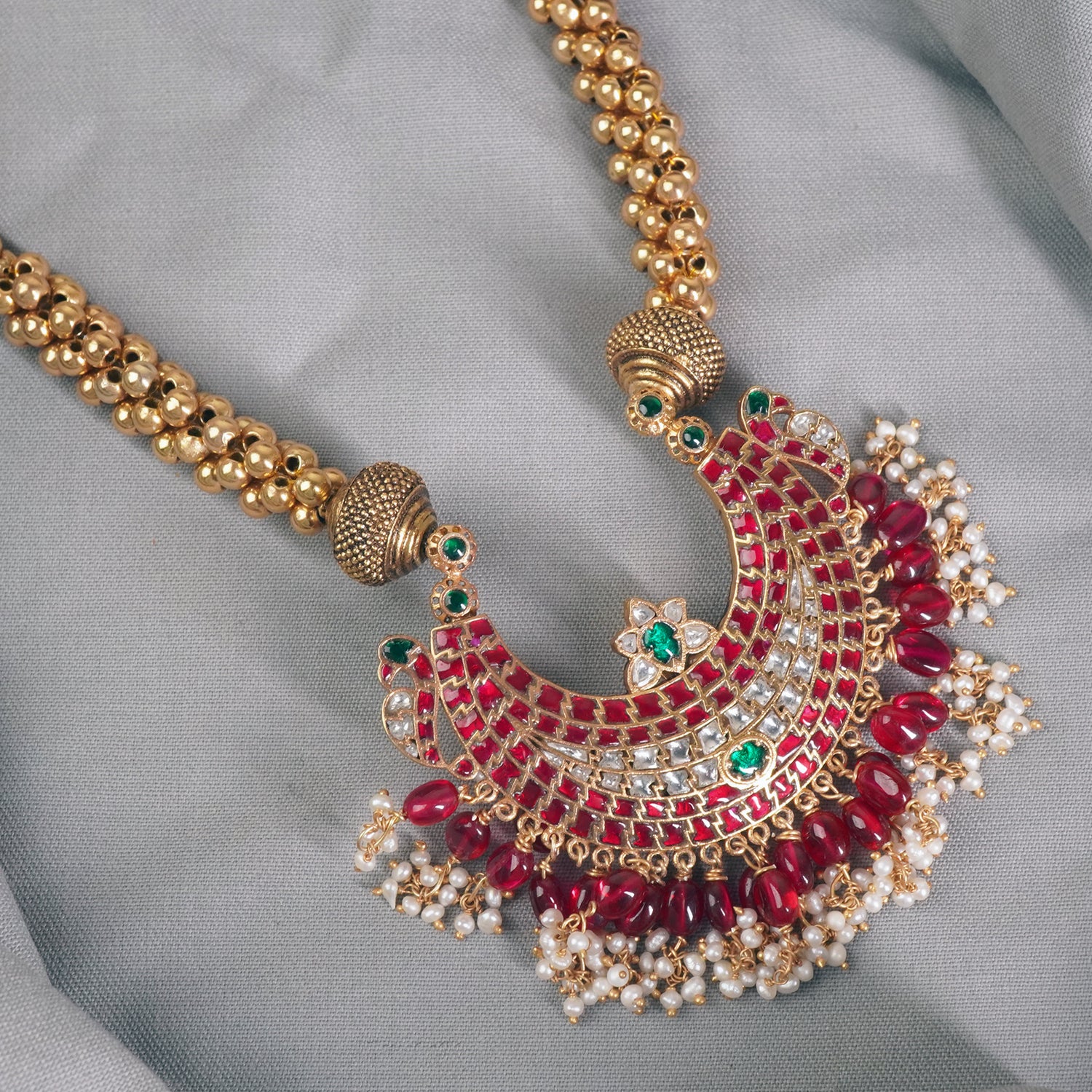 Regal Antique Gold Plated Silver Thushi With Kundan Pendant