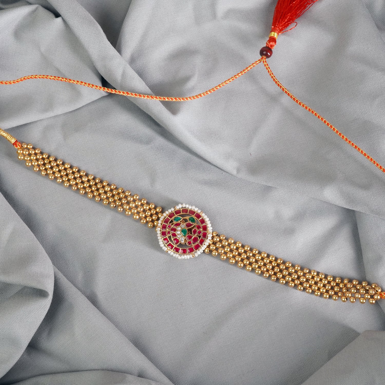 Regal Antique Gold Plated Silver Thushi Patta Kundan Pendant