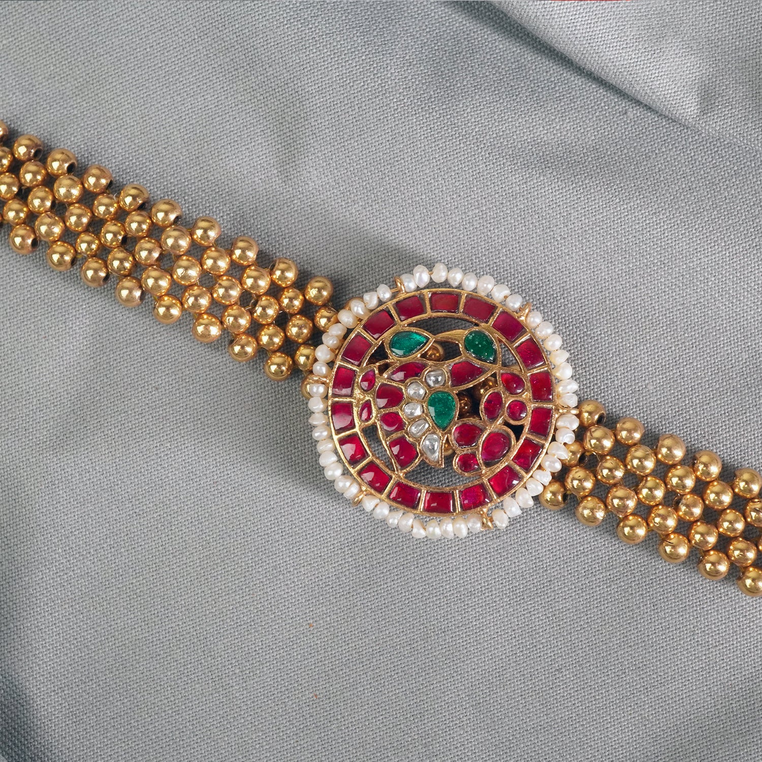 Regal Antique Gold Plated Silver Thushi Patta Kundan Pendant