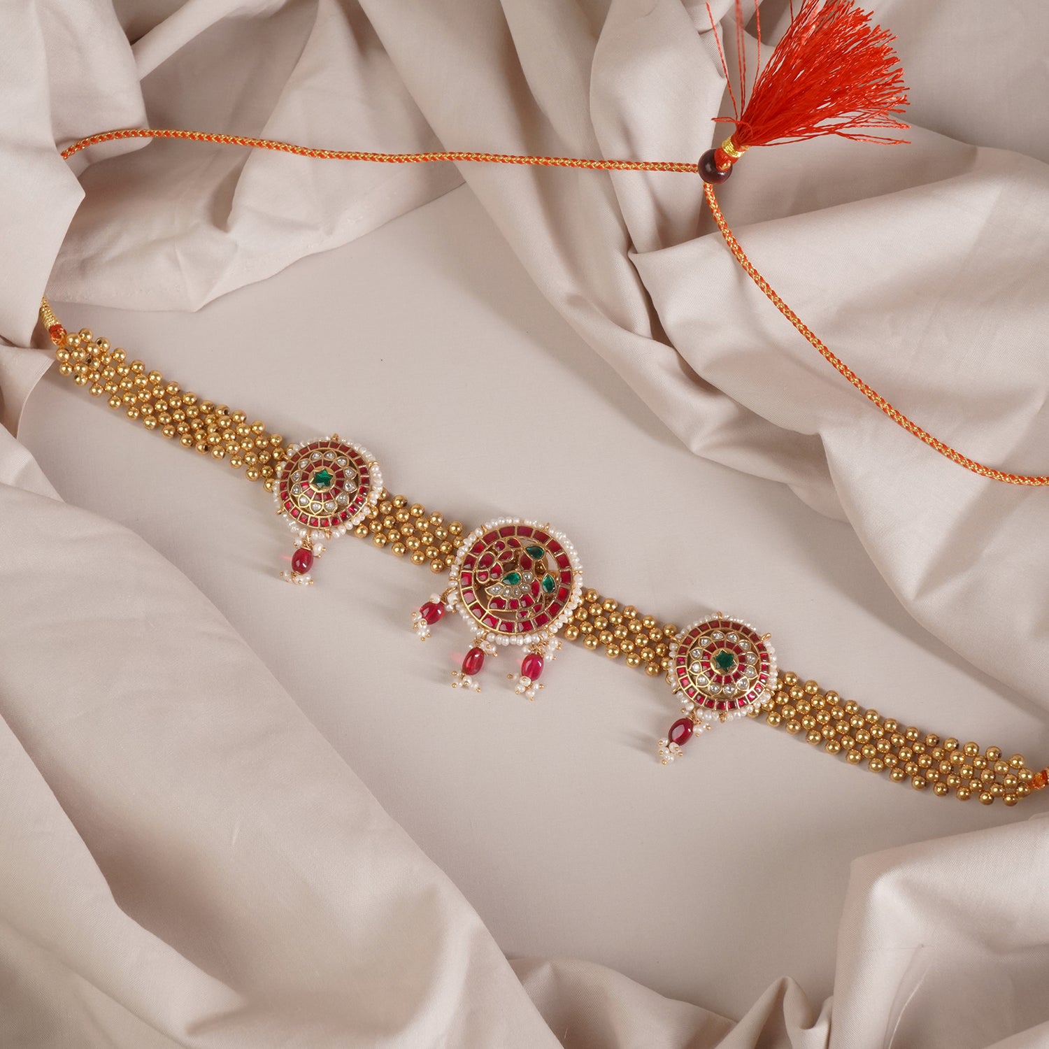 Regal Antique Gold Plated Silver Thushi Patta Three Kundan Pendants