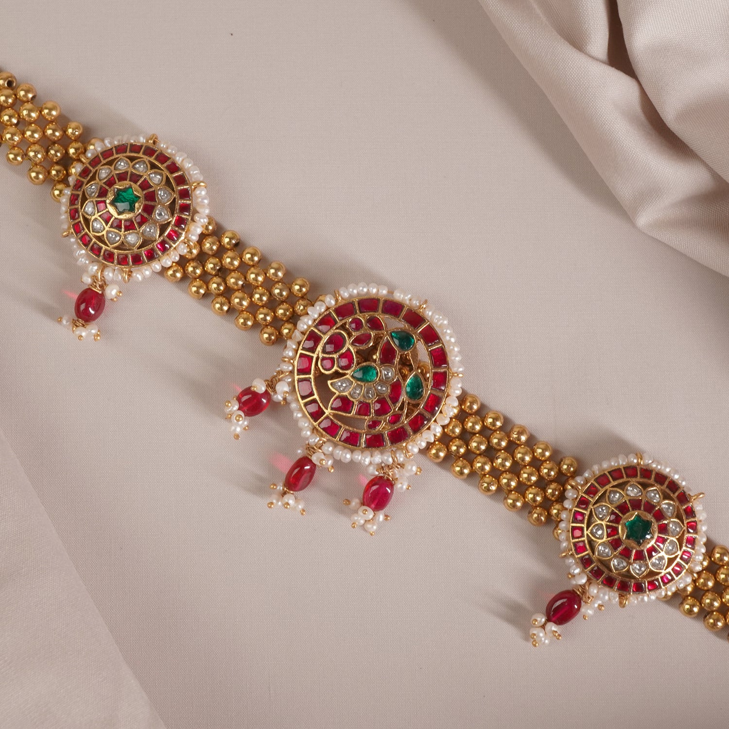 Regal Antique Gold Plated Silver Thushi Patta Three Kundan Pendants