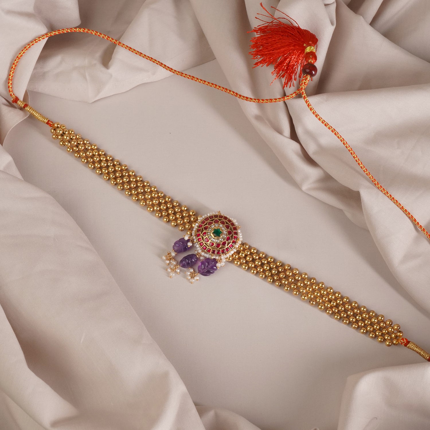 Regal Antique Gold Plated Silver Thushi Patta Kundan Pendant With Amethyst Beads