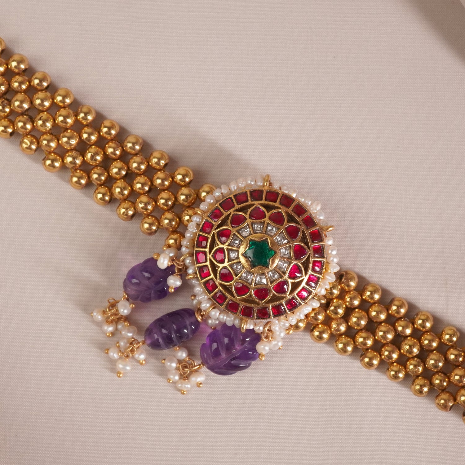 Regal Antique Gold Plated Silver Thushi Patta Kundan Pendant With Amethyst Beads
