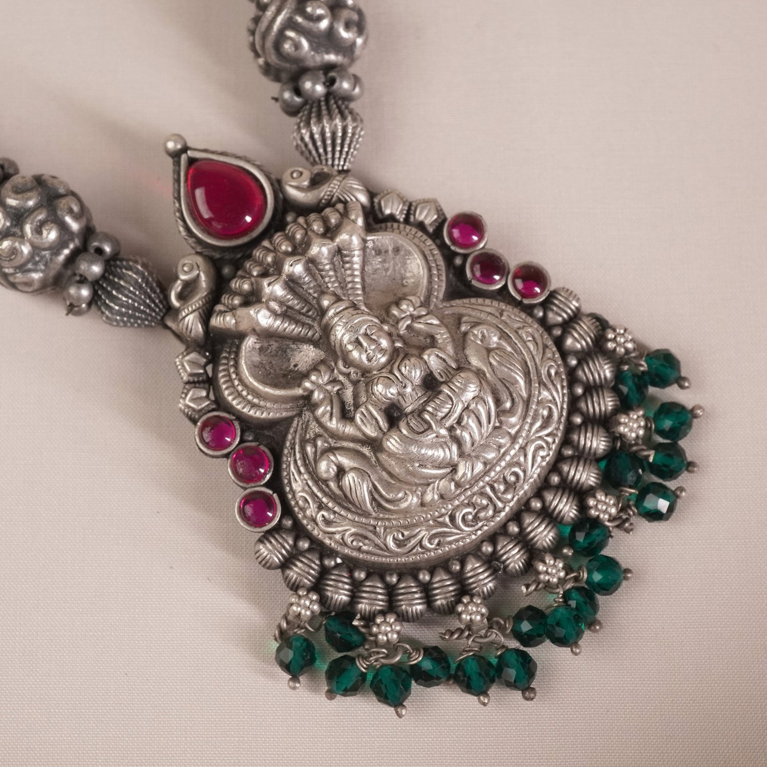 Silver Kolhapuri Thushi With Nagas Laxmi Pendant For Traditional Attire