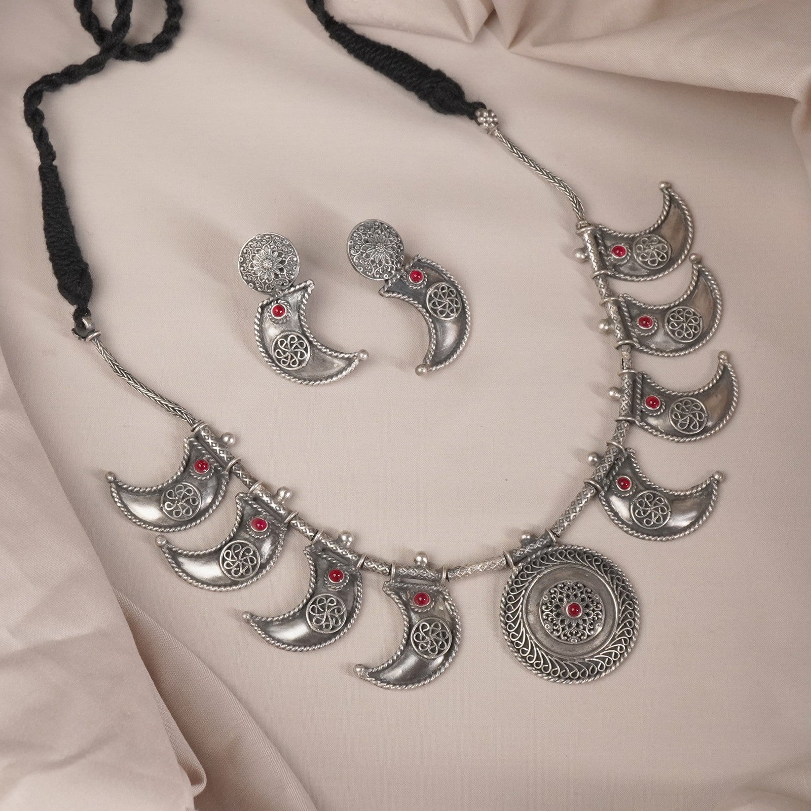 Tribal Silver Chand Necklace With Earrings - Main Image