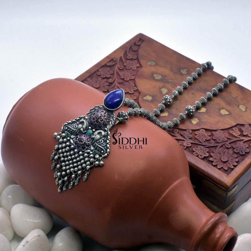 Traditional Kolhapuri silver necklace with Lapis pendant