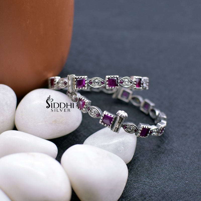 pure silver bangles with red stones
