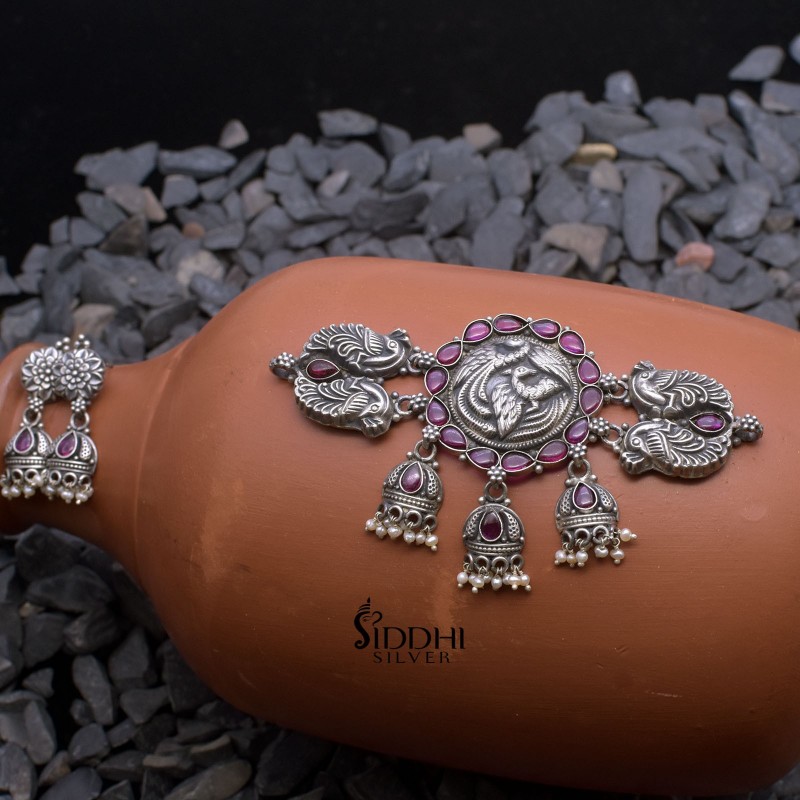 Handmade Silver Choker Set oval peacock with earrings