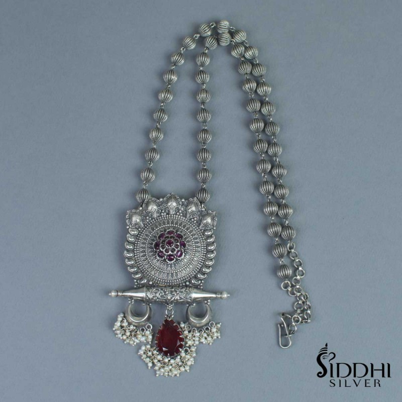 tribal silver necklace with chandrakor pieces