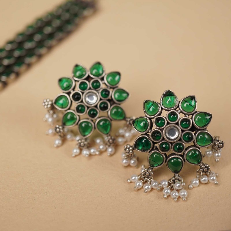 silver earrings green stones