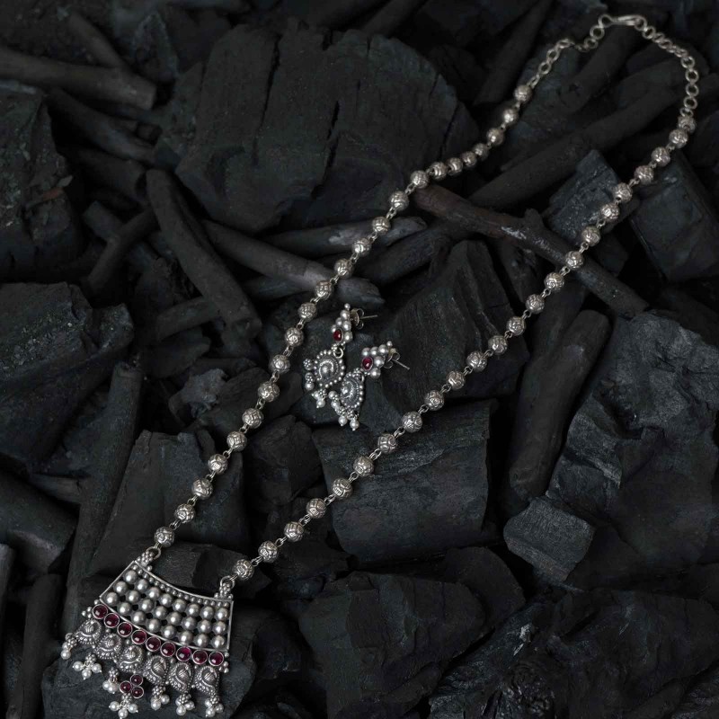 silver mohan mala necklace with earrings