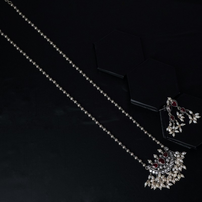 Long Silver Tanmani Necklace with Kanthi Mani Beads