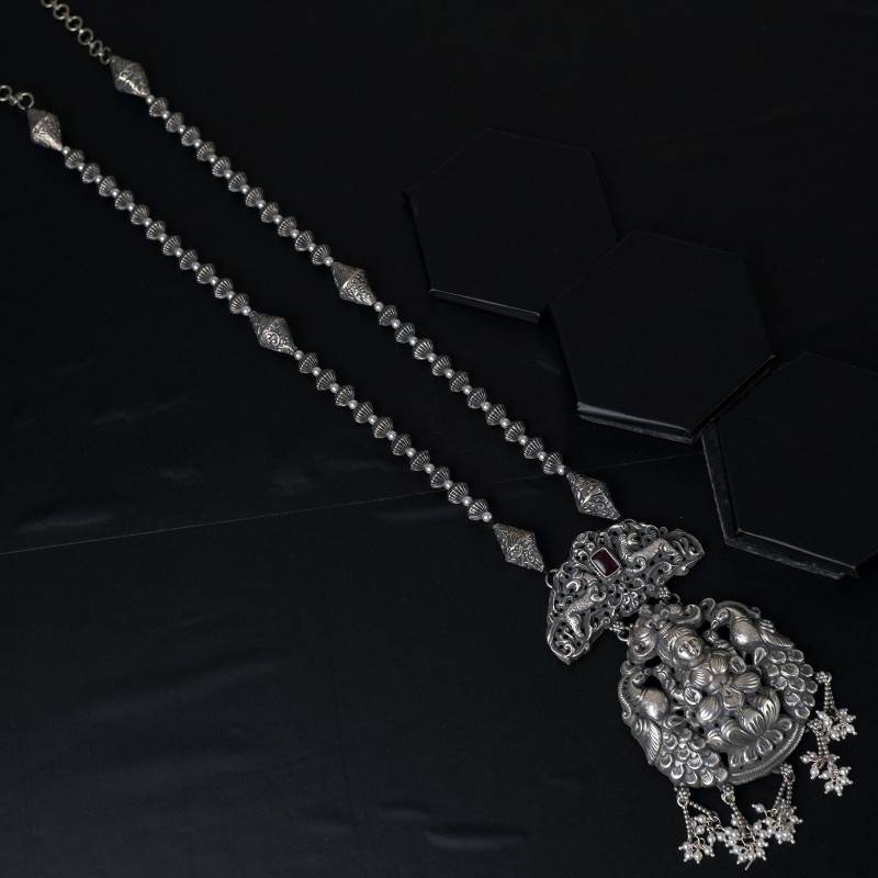 Silver Beads Necklace with Nakash/Nakashi Laxmi Pendant