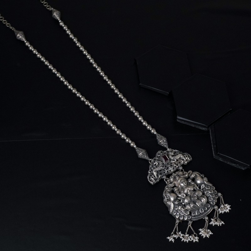 Intricately Designed Laxmi Pendant on Traditional Silver Necklace