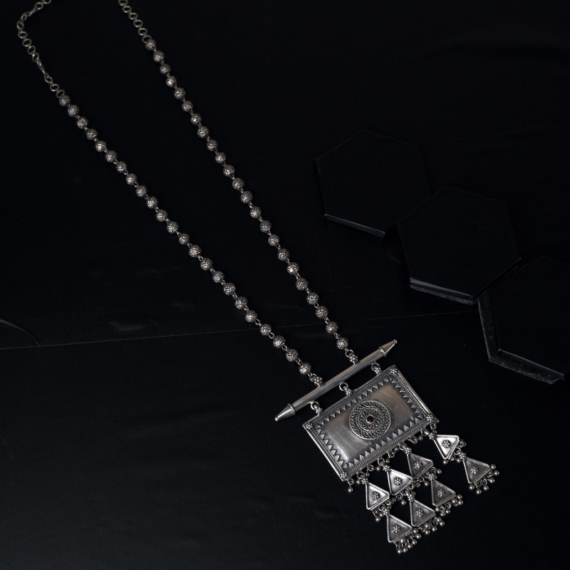 Eye-Catching Laffa Tribal Pendant with Freshwater Pearls on a Silver Chain Necklace.