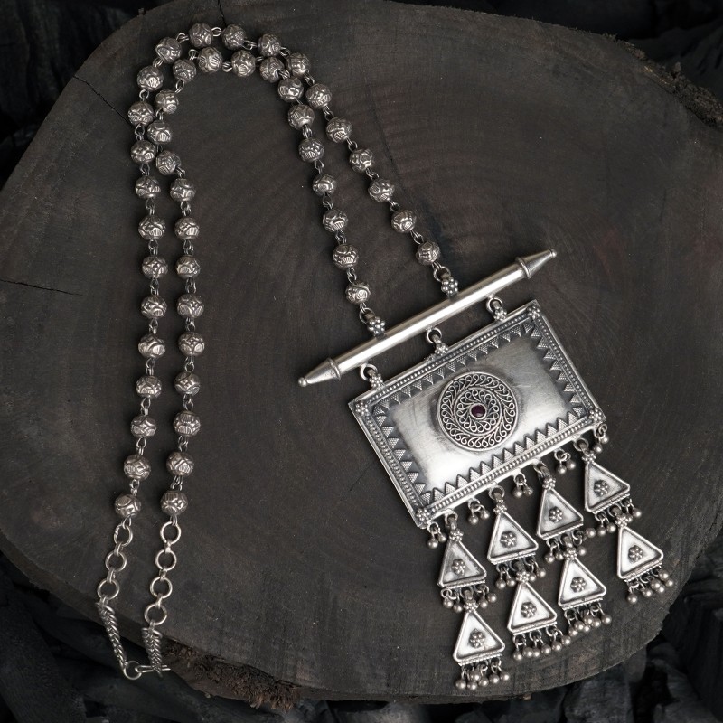 Long Silver Necklace with Laffa Tribal Pendant and Freshwater Pearls