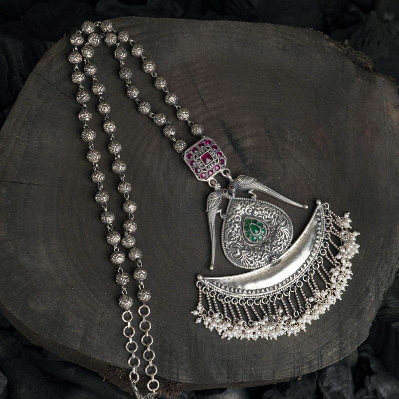 Long Silver Necklace with Tribal Pendant