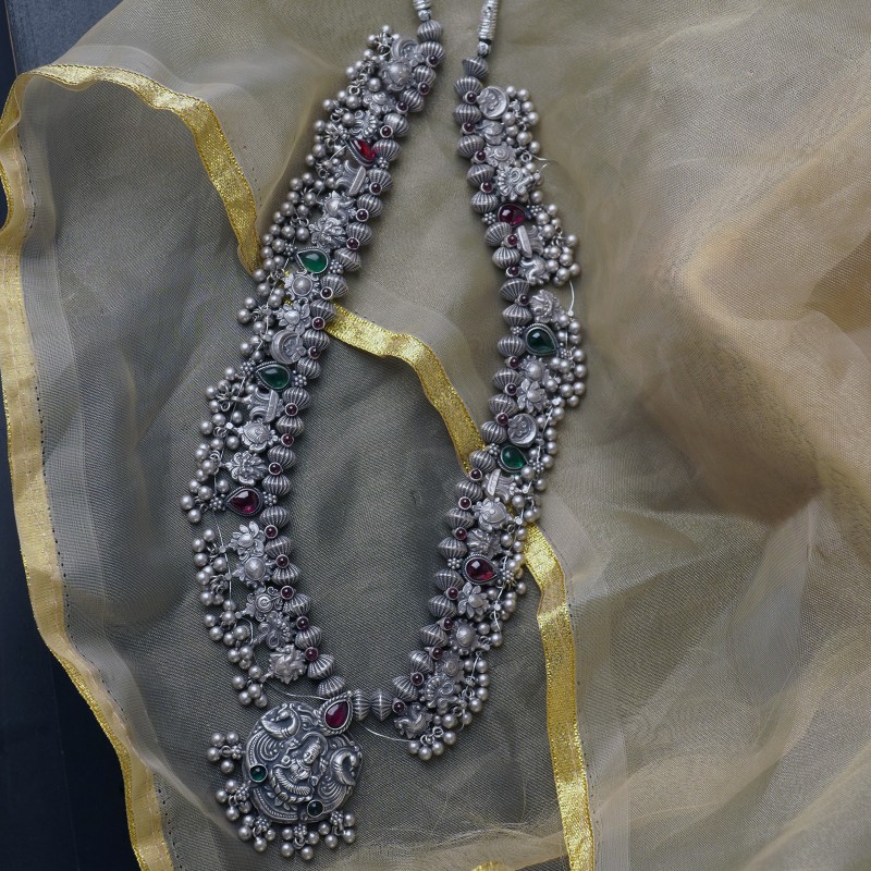 Broad Royal Bhariv Silver Kolhapuri Saaj Necklace with Laxmi Pendant