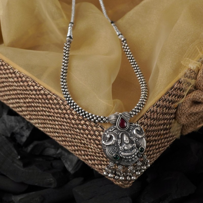 Elegant Silver Thushi Necklace with Intricate Laxmi Pendant
