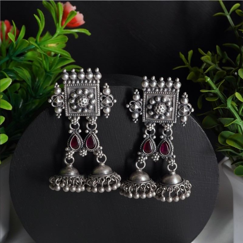 hand made silver jhumkas with dual red kemp stones