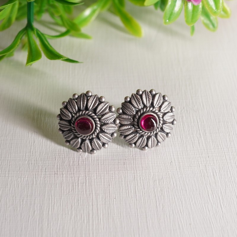 Oxidised pure silver stud earrings models online with spring design -  Swarnakshi Jewelry