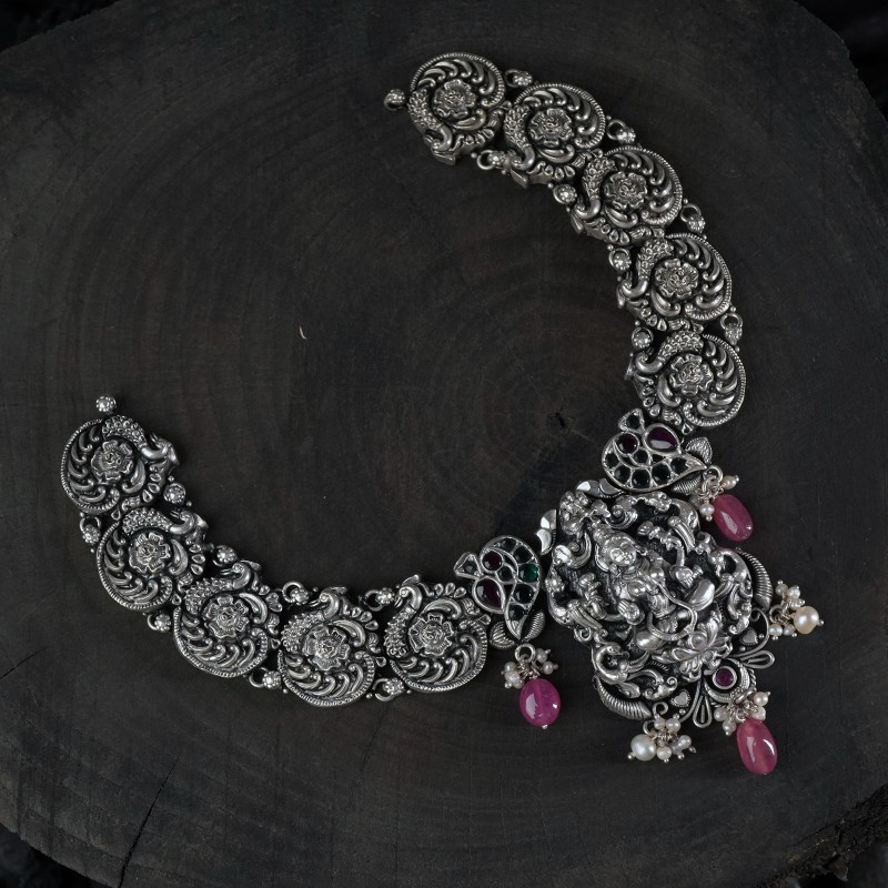 silver nakash peacock necklace with laxmi pendant