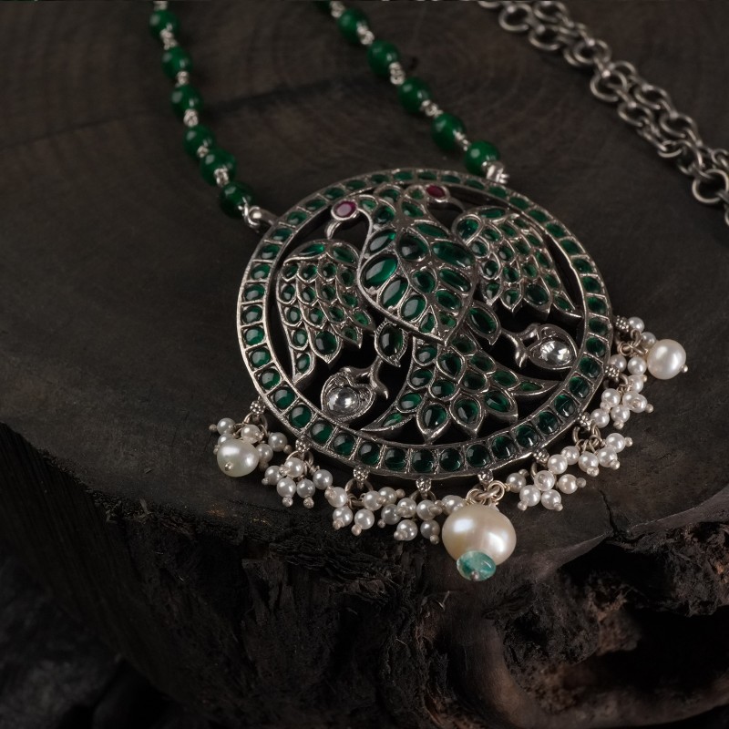 antique silver pendant with green stones and freshwater pearls