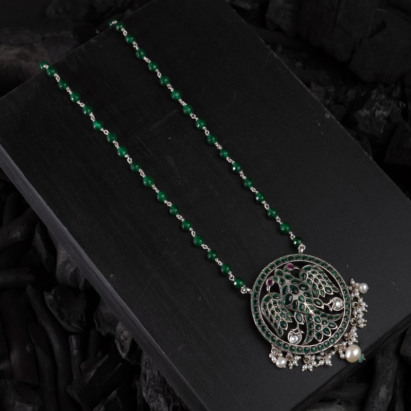silver green long necklace