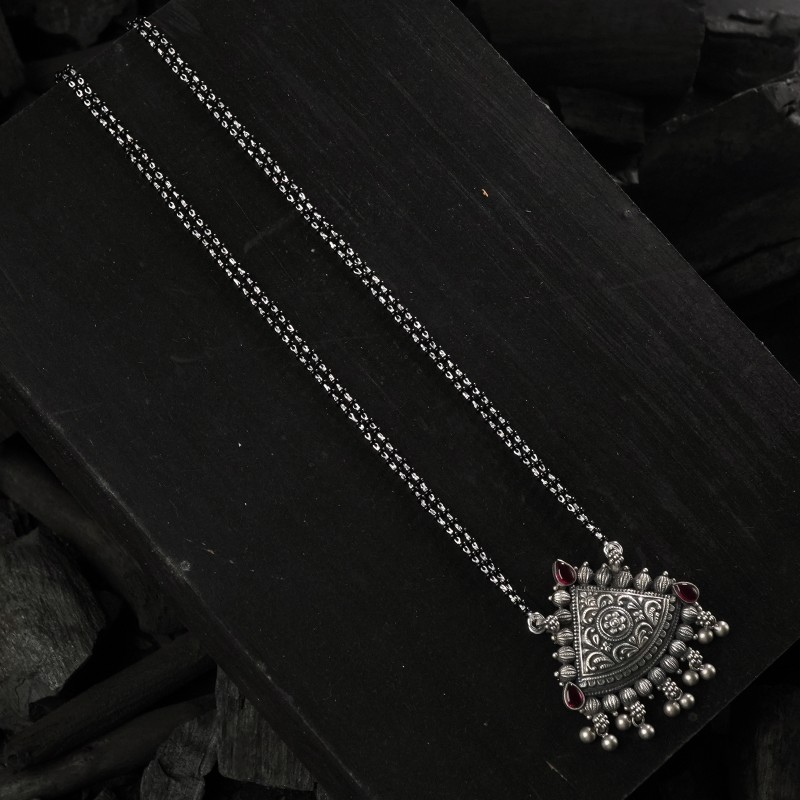 silver mangalsutra design with two layers of black beads chain