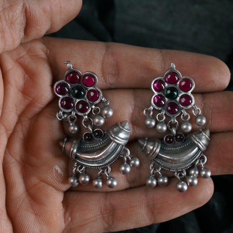 handmade silver jhumka earrings with red kemp stones