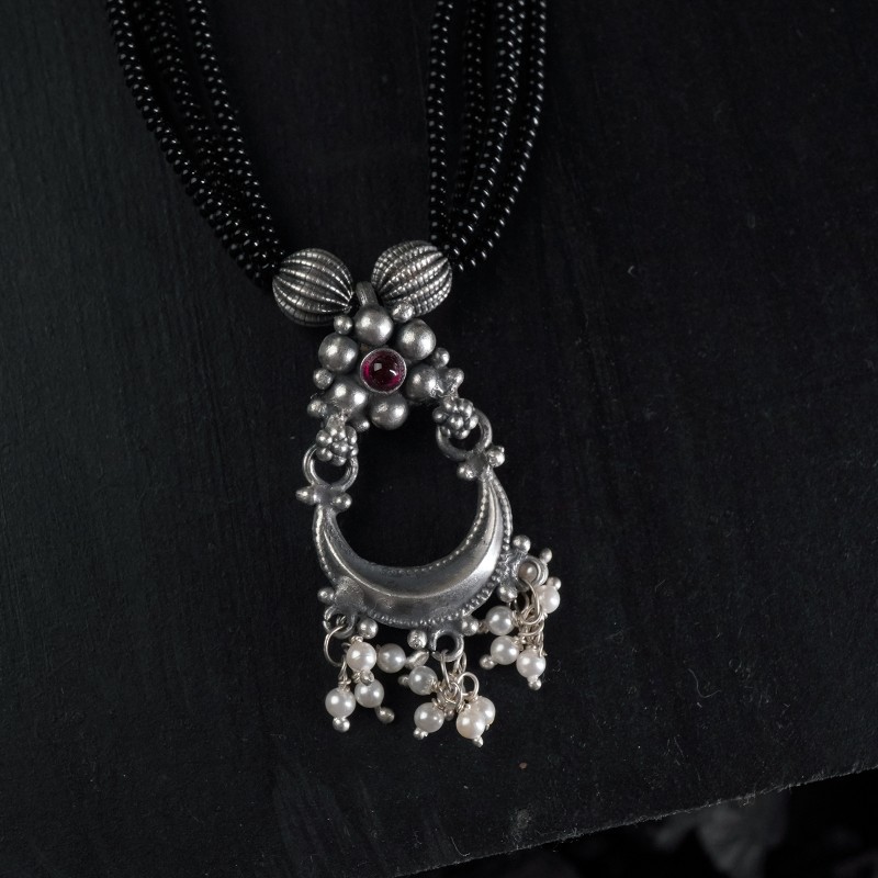 silver black beads mangalsutra with chandbali pendant