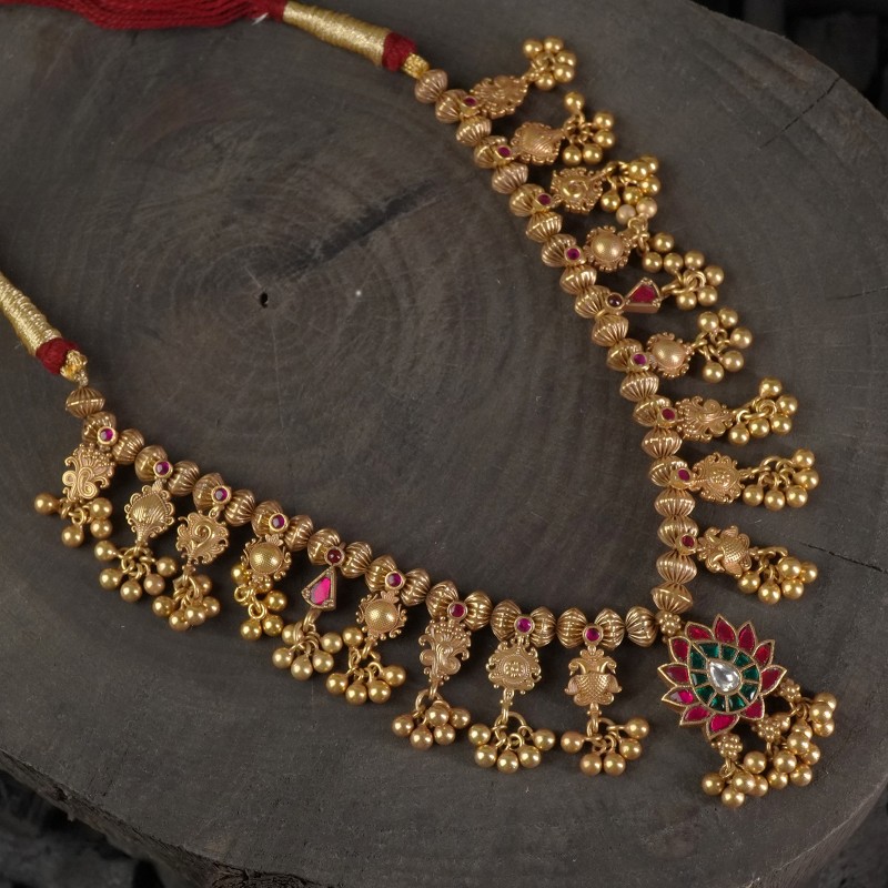 Short Choker Styled Gold Plated Silver Kolhapuri Saaj with Kundan Filled Paan Shaped Pendant