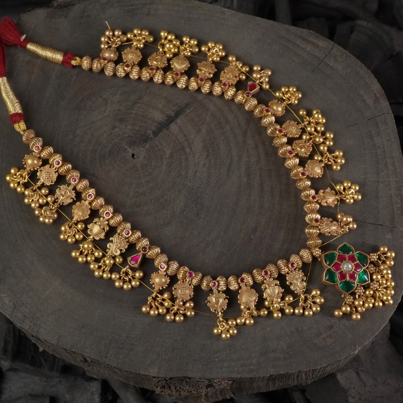 Gold Plated Maharashtrian Silver Kolhapuri Saaj with Kundan pendant